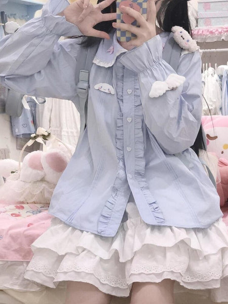 2023 Solid Blue Shirt Kawaii Women Sweet Lolita Blouses Long Sleeve Ruffles Patchwork Preppy Style Peter Pan Collar Female Tops