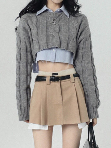 2023 Solid Preppy Style Cropped Sweater Women Vintage Y2K 90S Casual Long Sleeve Knit Sweater Hoodies Autumn Korean Streetwear