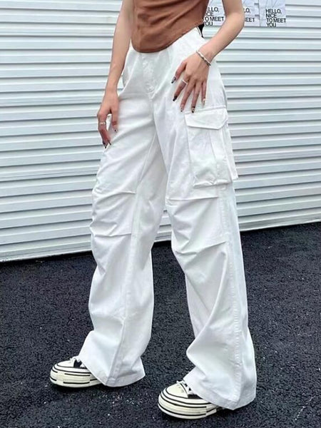 2023 Solid Retro White Cargo Pants Women Harajuku Style Brown Hippie Wide Leg Parachute Trousers Female High Street Pantalone