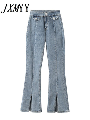 2023 Spring And Autumn Product Slit Jeans Women's Slim Wide-Leg Micro-Flare Elastic Large Size Nine-Point Trousers