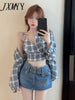 2023 Spring And Autumn Products Small Sexy Short Suspenders + Loose Casual Plaid Shirt Two-Piece Women's Clothing