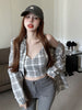 2023 Spring And Autumn Products Small Sexy Short Suspenders + Loose Casual Plaid Shirt Two-Piece Women's Clothing
