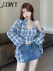 2023 Spring And Autumn Products Small Sexy Short Suspenders + Loose Casual Plaid Shirt Two-Piece Women's Clothing