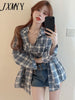 2023 Spring And Autumn Products Small Sexy Short Suspenders + Loose Casual Plaid Shirt Two-Piece Women's Clothing