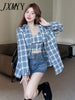 2023 Spring And Autumn Products Small Sexy Short Suspenders + Loose Casual Plaid Shirt Two-Piece Women's Clothing