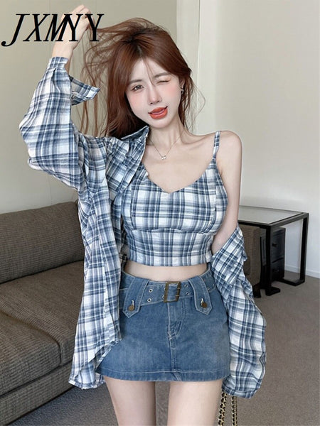 2023 Spring And Autumn Products Small Sexy Short Suspenders + Loose Casual Plaid Shirt Two-Piece Women's Clothing