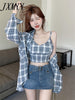 2023 Spring And Autumn Products Small Sexy Short Suspenders + Loose Casual Plaid Shirt Two-Piece Women's Clothing