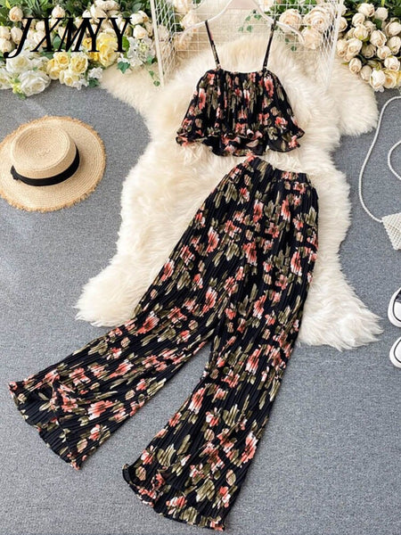 2023 Spring And Autumn Ins Print Small Camisole Women's Design Pleated Short High-Waisted Wide-Leg Pants Two-Piece Suit Tide