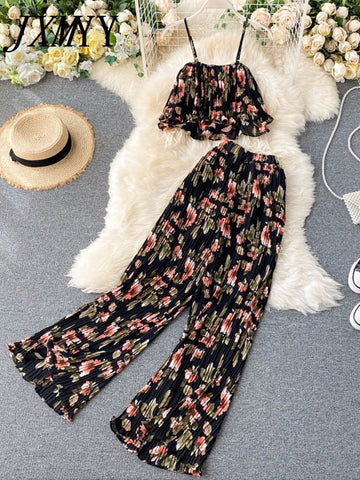 2023 Spring And Autumn Ins Print Small Camisole Women's Design Pleated Short High-Waisted Wide-Leg Pants Two-Piece Suit Tide