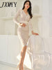 2023 Spring And Autumn And Elegant Temperament V-Neck Slim Stitching Lace Bag Hip Mid-Length Sexy Women's Dress