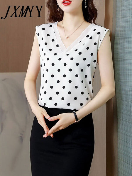 2023 Spring And Summer Loose Polka Dot Sleeveless Design Niche Chiffon Shirt Elegant Temperament V-Neck Vest Top