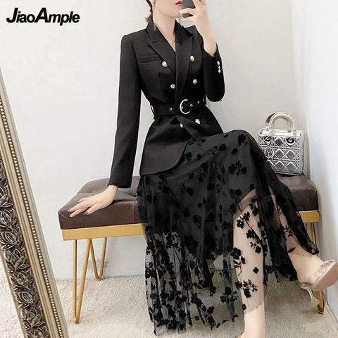 2023 Spring Autumn Black Suit Jacket Skirt Two-piece Women's Elegant Professional Wear Korean Blazers Coat Dress Set