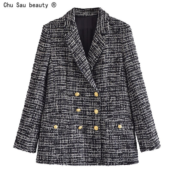 2022 Spring Autumn Office Lady Tweed Woolen Double Breasted Blazer Female Temperament Blazer For Women