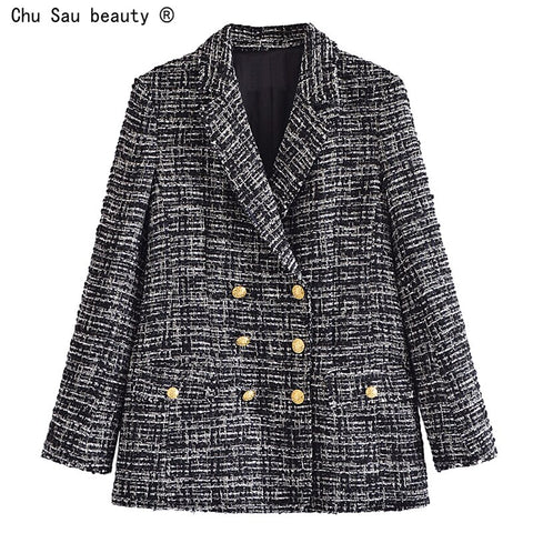 2022 Spring Autumn Office Lady Tweed Woolen Double Breasted Blazer Female Temperament Blazer For Women