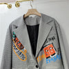 2023 Spring Casual Hand Painted Letter Graffiti Print Grey Plaid Blazers Women Notched Collar Long Sleeve Streetwear Outerwear