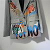 2023 Spring Casual Hand Painted Letter Graffiti Print Grey Plaid Blazers Women Notched Collar Long Sleeve Streetwear Outerwear