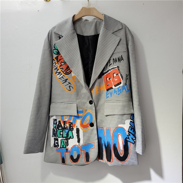 2023 Spring Casual Hand Painted Letter Graffiti Print Grey Plaid Blazers Women Notched Collar Long Sleeve Streetwear Outerwear