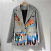 2023 Spring Casual Hand Painted Letter Graffiti Print Grey Plaid Blazers Women Notched Collar Long Sleeve Streetwear Outerwear