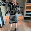 2023 Spring Fall Vintage Single-breasted Coat Pocket Knitted Blazer Women Elegant Houndstooth Plaid Sweet Mini Skirt 2 Piece Set