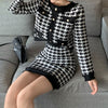2023 Spring Fall Vintage Single-breasted Coat Pocket Knitted Blazer Women Elegant Houndstooth Plaid Sweet Mini Skirt 2 Piece Set
