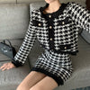 2023 Spring Fall Vintage Single-breasted Coat Pocket Knitted Blazer Women Elegant Houndstooth Plaid Sweet Mini Skirt 2 Piece Set