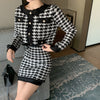 2023 Spring Fall Vintage Single-breasted Coat Pocket Knitted Blazer Women Elegant Houndstooth Plaid Sweet Mini Skirt 2 Piece Set