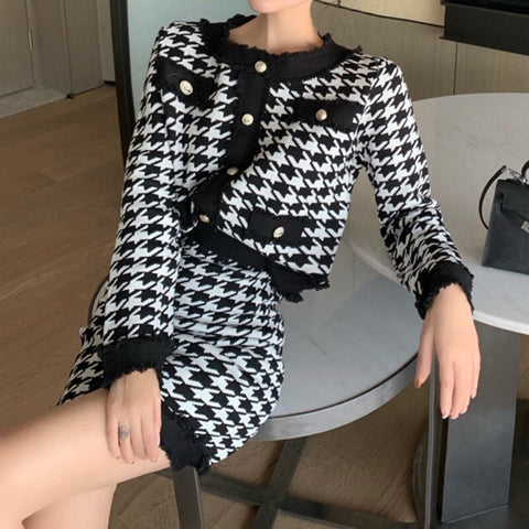 2023 Spring Fall Vintage Single-breasted Coat Pocket Knitted Blazer Women Elegant Houndstooth Plaid Sweet Mini Skirt 2 Piece Set