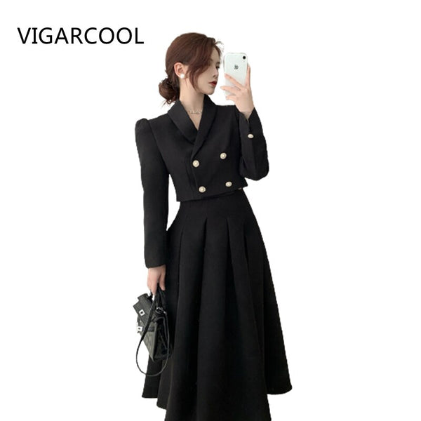 2023 Spring high-level black Suit Female high-quality Suit short Jacket + mid-length A-line Skirt Two-piece Women