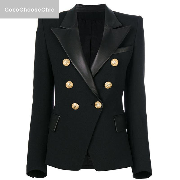 2023 Spring Black Blazer Patchwork PU Leather Notched Collar Slim Waist High Street Sexy Women Blazer Jacket Xxxl