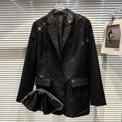 2023 Spring Black Heavy Rhinestones Big Bow Suit Jacket Female Socialite Business Lapel Long Sleeve Blazer Coat Outerwear