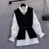 2023 Spring Elegant Large Size Women long sleeve Shirt Top and Knitted Vest Two-Piece Set with Close Waist Belt