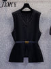 2023 Spring Elegant Large Size Women long sleeve Shirt Top and Knitted Vest Two-Piece Set with Close Waist Belt