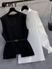 2023 Spring Elegant Large Size Women long sleeve Shirt Top and Knitted Vest Two-Piece Set with Close Waist Belt