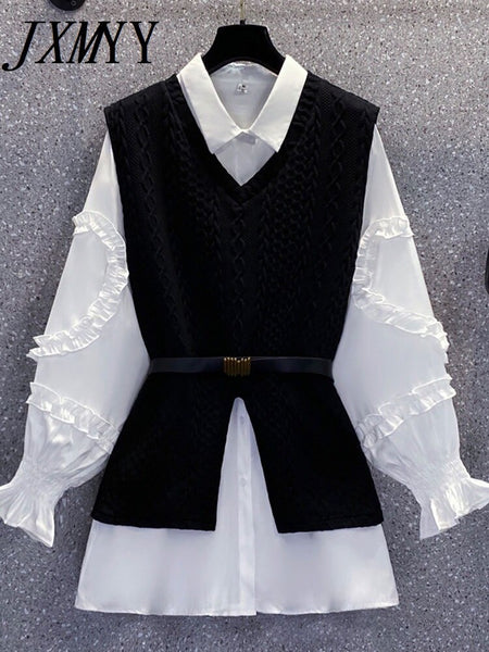 2023 Spring Elegant Large Size Women long sleeve Shirt Top and Knitted Vest Two-Piece Set with Close Waist Belt