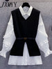 2023 Spring Elegant Large Size Women long sleeve Shirt Top and Knitted Vest Two-Piece Set with Close Waist Belt