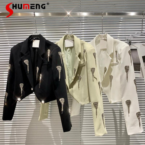 2023 Spring Pure Color Short Jacket Women's Love Tassel Rhinestone Chain Short Suit Coat Female Blazer