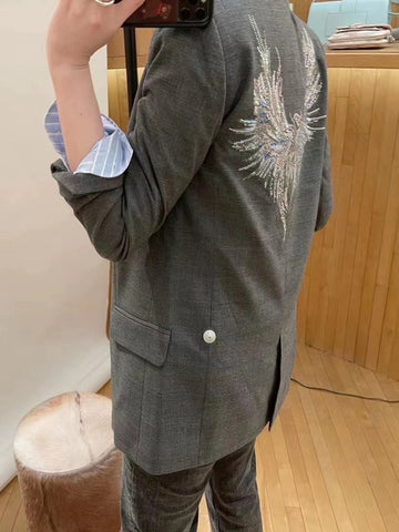 2023 Spring Plaid Blazer Back Diamonds Decorated Women Blazer