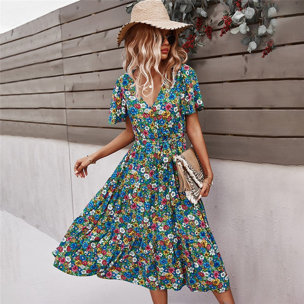 2023 Spring Short Sleeve Floral Dress Women Casual High Waist Sexy V Neck Print Dress For Woman Summer Long Dress
