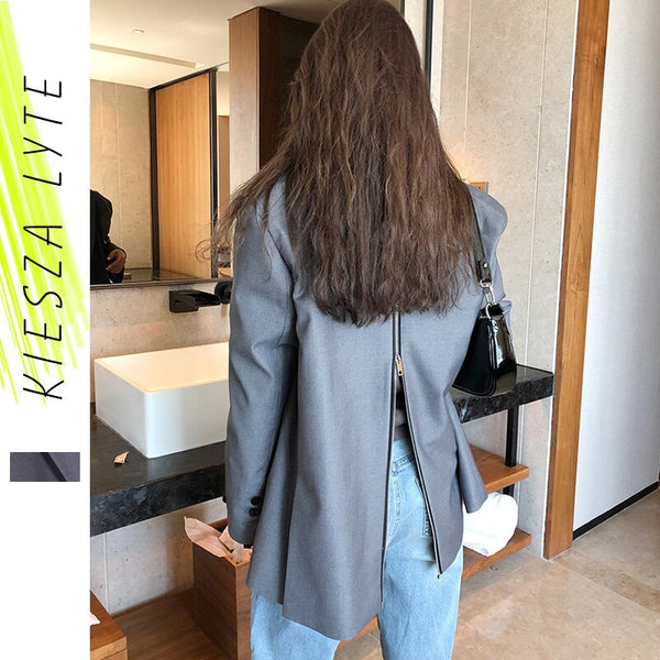 2022 Spring Stylish Blazer Jacket Women's Grey Back Zipper Loose Suit Jackets Female Outerwear