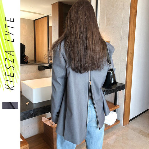 2022 Spring Stylish Blazer Jacket Women's Grey Back Zipper Loose Suit Jackets Female Outerwear