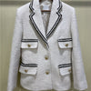 2023 Spring Women College Style Woven Trim Solid Colour Single Breasted Tweed Blazer Tailored Collar