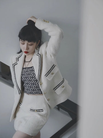 2023 Spring Women College Style Woven Trim Solid Colour Single Breasted Tweed Blazer Tailored Collar