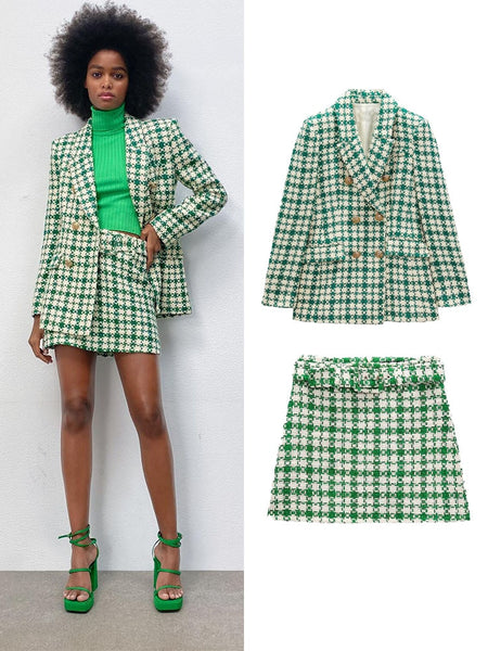 2023 Spring Women's Versatile Textured Double Breasted Casual Slim Fit Blazer with Belt High Waist Mini Skirt