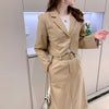 2023 Spring Short Blazer and Skirt Khaki Two Piece Set Women Elegant Korean Slim Casual Coat Jacket Mid-long Belt Skirts A58