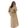 2023 Spring Short Blazer and Skirt Khaki Two Piece Set Women Elegant Korean Slim Casual Coat Jacket Mid-long Belt Skirts A58