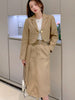 2023 Spring Short Blazer and Skirt Khaki Two Piece Set Women Elegant Korean Slim Casual Coat Jacket Mid-long Belt Skirts A58