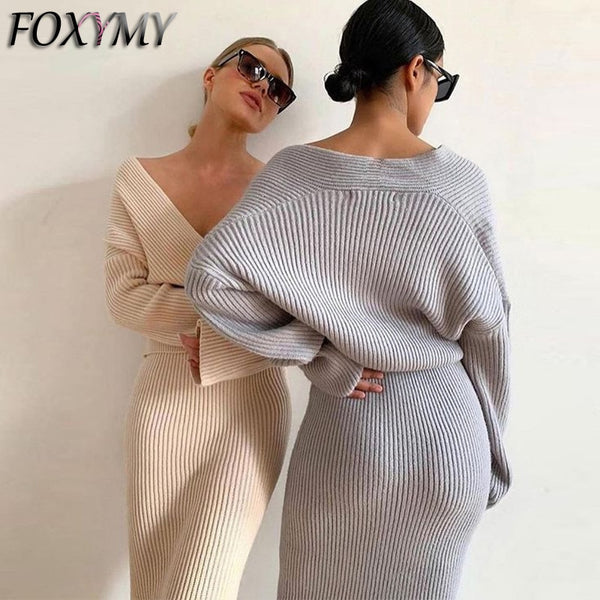 2023 Spring Solid Women 2 Piece Set Knited Sweater Top Midi Pencil Skirt Bodycon Sexy Streetwear Party Club Elegant Matching