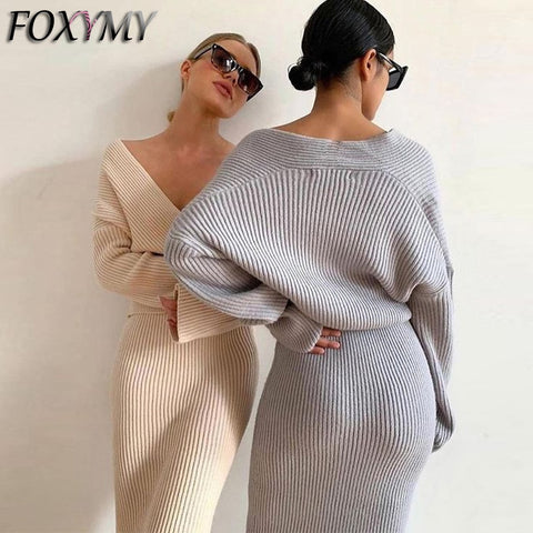 2023 Spring Solid Women 2 Piece Set Knited Sweater Top Midi Pencil Skirt Bodycon Sexy Streetwear Party Club Elegant Matching