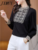 2023 Spring Stitching Embroidery Shirt Women's Petal Stand-Up Collar Long-Sleeved Elegant Temperament Top Beaded Straight Style