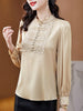 2023 Spring Stitching Embroidery Shirt Women's Petal Stand-Up Collar Long-Sleeved Elegant Temperament Top Beaded Straight Style
